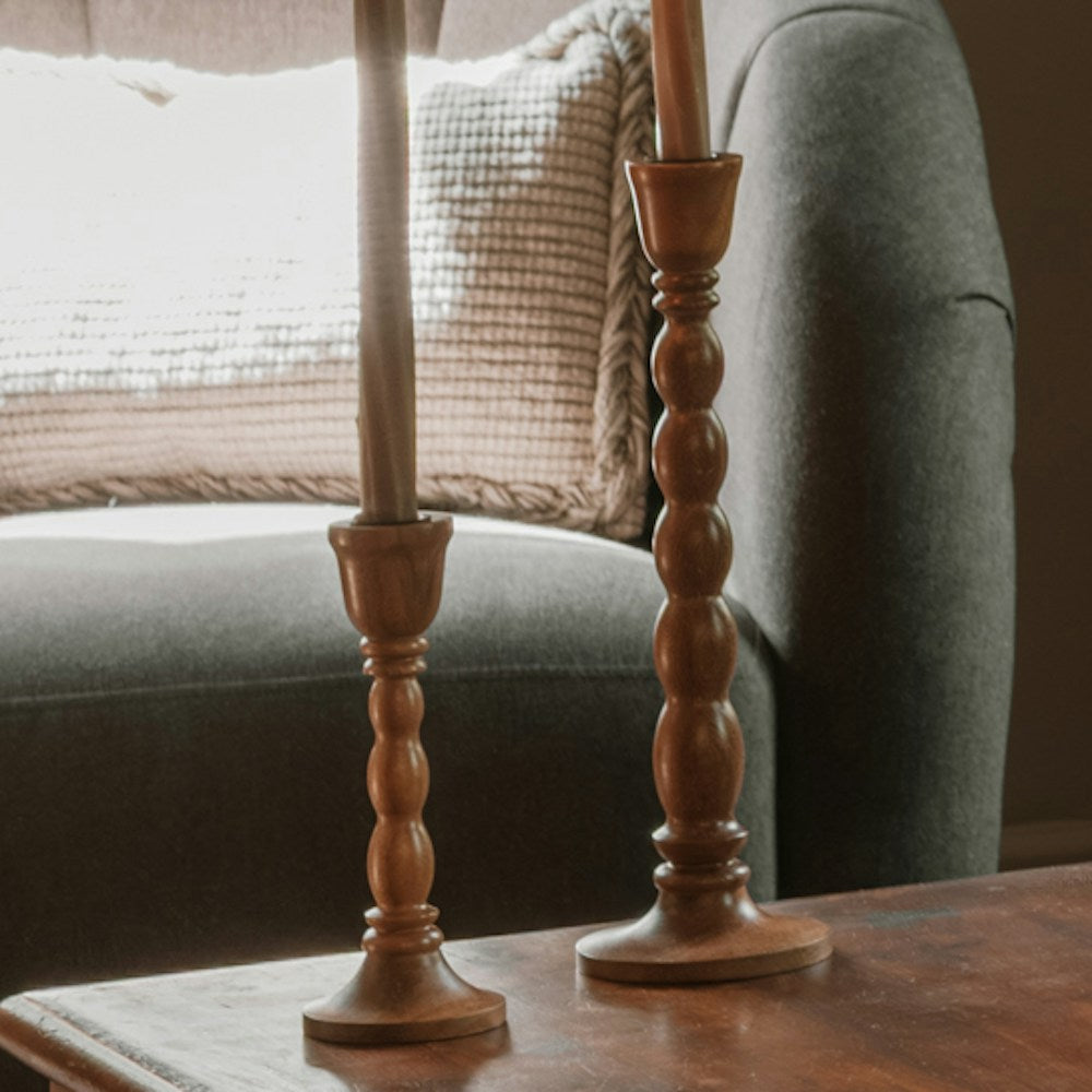 Turned Wood Candle Holders (Set of 2)